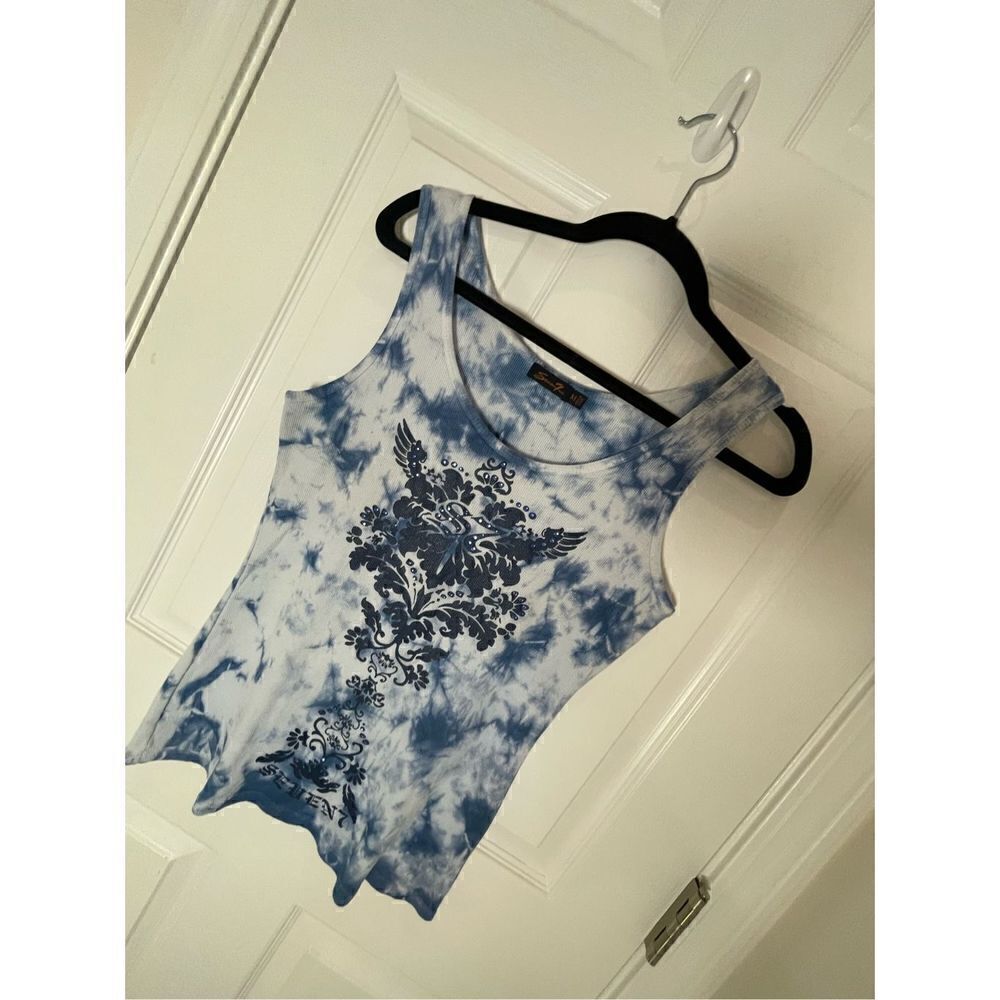 Seven 7 women’s tank top medium blue tye die embellished
